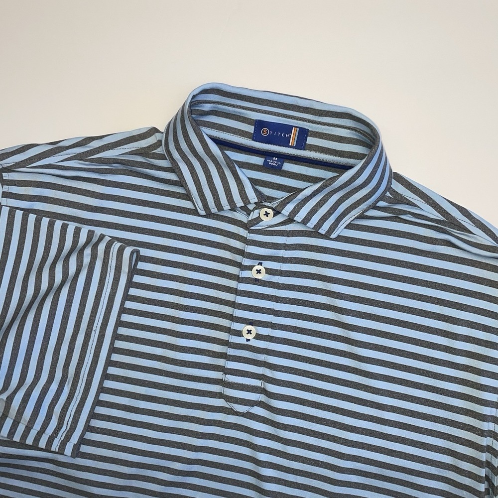 Stitch Golf Polo Shirt Mens Medium Blue Stripe Performance Stretch Lightweight
